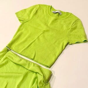 Zara Neon Cropped Tee and J.O.A. Skirt Set | Size XS